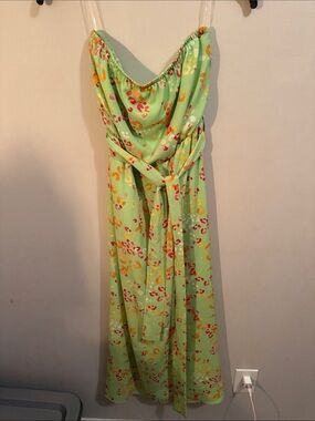 Strapless Light Green Floral Slip Dress with Tie Waist